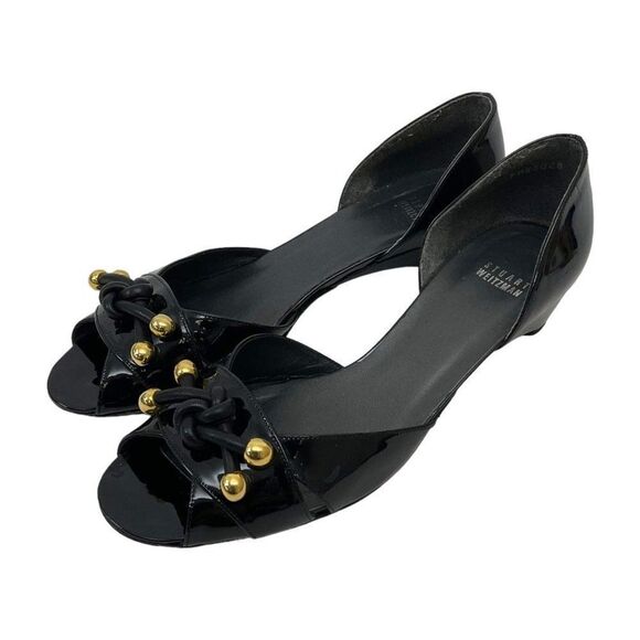 Stuart Weitzman Size 9 Black Patent Leather D'Orsay Peep Toe Cone Heels Sandals - Picture 6 of 10